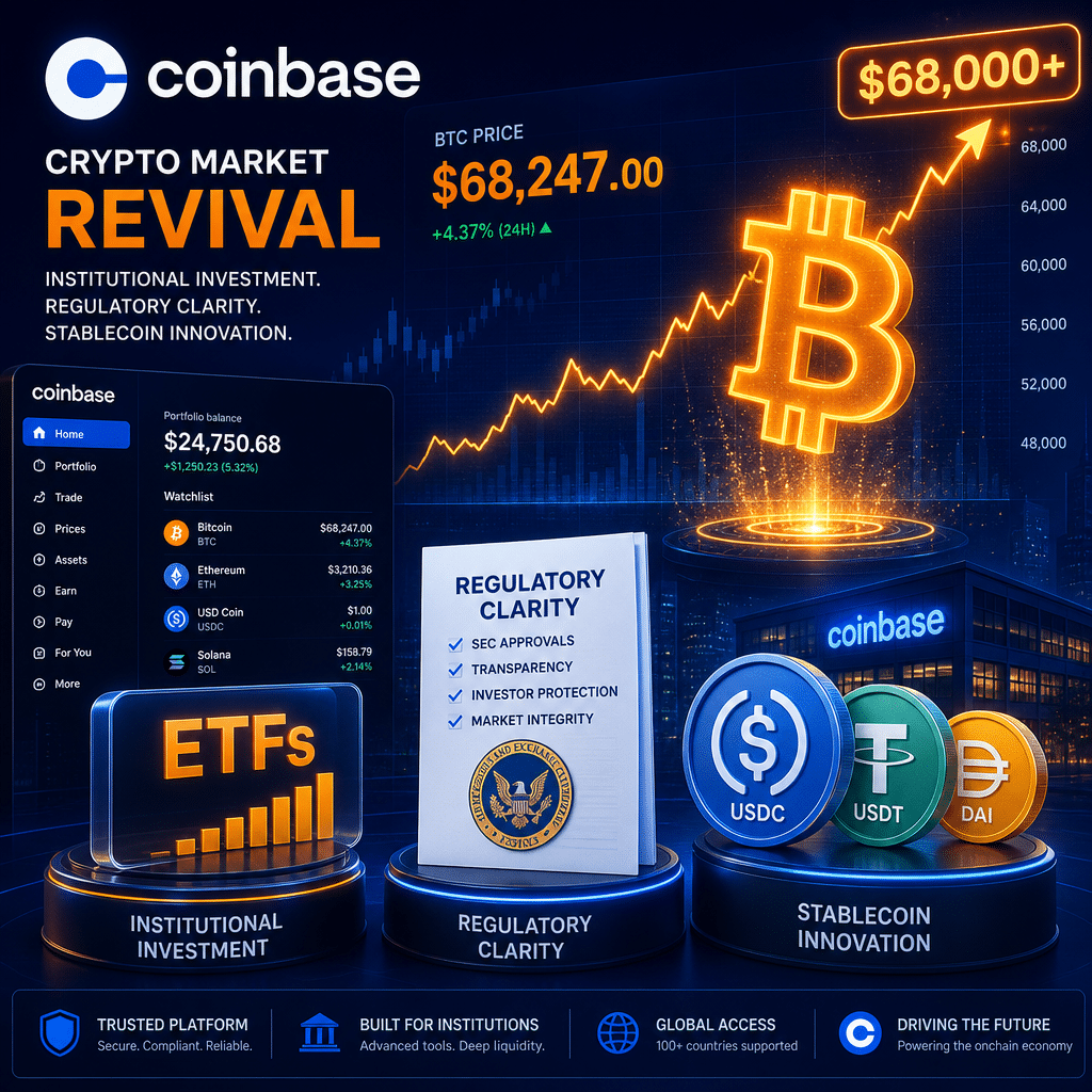 **SEO-optimized alt-text:** Dynamic digital illustration showcasing an upward-trending stock chart and glowing Bitcoin symbol surpassing $68,000, integrated with the Coinbase logo and interface elements; sleek icons representing ETFs, regulatory documents, and digital coins in the foreground illustrate institutional investment, regulatory clarity, and stablecoin innovation, all set against bold dark blue and orange (#FF9811, #000D43, #021B88) brand colors, visually capturing a revived crypto market and Coinbase’s pivotal role.