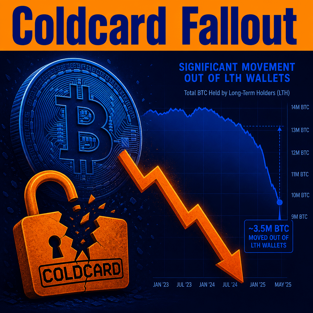 "Midnight Blue stylised Bitcoin with Orange downward arrow denoting a drop in value and a broken padlock symbol representing the Coldcard security breach against a Dark Blue chart backdrop showing significant movement out of LTH wallets, header text 'Coldcard Fallout' in Midnight Blue against Orange background."