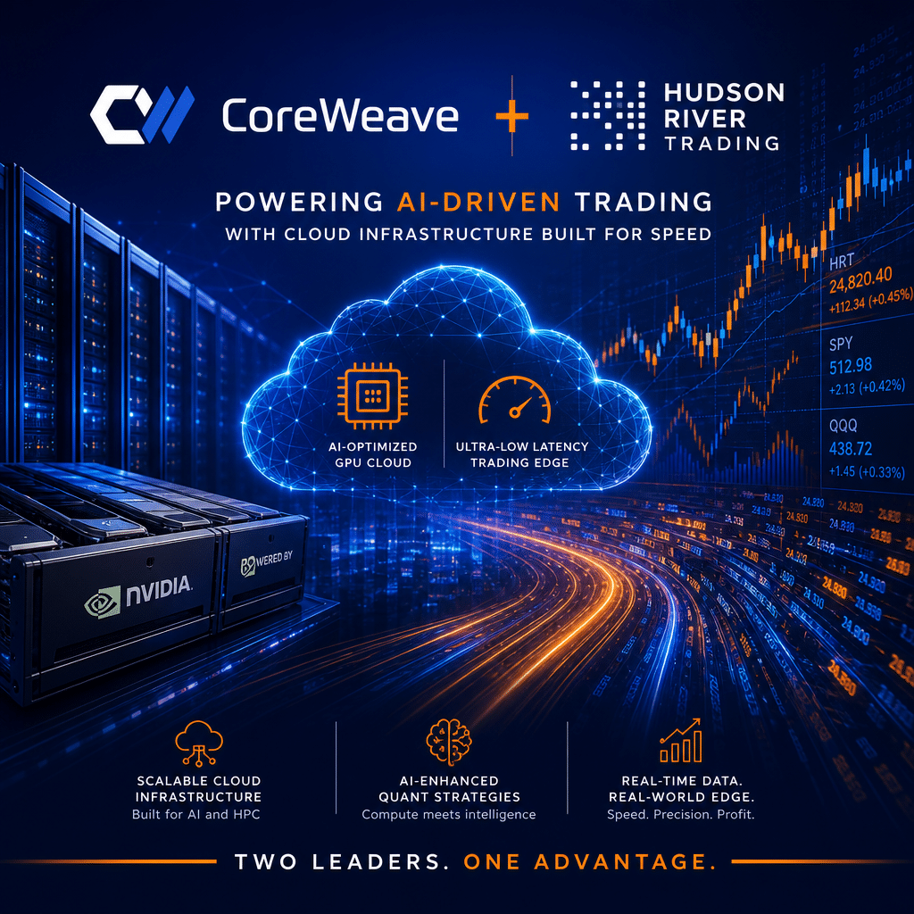 Sure! Here’s an SEO-optimized alt-text for the image you described: **Alt-text:** Sleek, modern 1200 x 628 pixel illustration representing a partnership between CoreWeave and Hudson River Trading, featuring stylized Nvidia-inspired GPU hardware, interconnected digital cloud networks, vibrant trading charts, and abstract lines of fast-moving financial data. The image blends technology and finance elements with vibrant orange, dark blue, and midnight blue brand colors to highlight innovation and collaboration in AI-powered cloud infrastructure for quantitative financial trading.