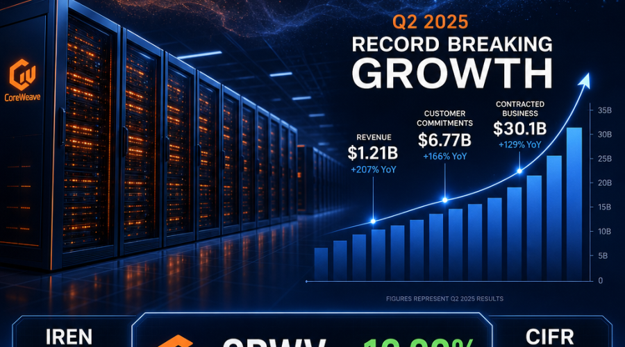 "Sleek, futuristic CoreWeave data center with glowing orange and midnight blue server racks signifying AI infrastructure. An upward trending dark blue bar graph overlays the scene, illustrating Q2 growth in revenue, customer commitments and contracted business. CoreWeave's company logo, enveloped by a digital mist, crowns the image. A stock market ticker at the bottom showcases a 16% pre-market surge for CoreWeave's stock, 'CRWV', accompanied by 5% gain for smaller tickers IREN and CIFR. A gradation from dark to midnight blue creates dramatic, eye-catching backdrop. Image dimensions are 1200 x 628 pixels."
