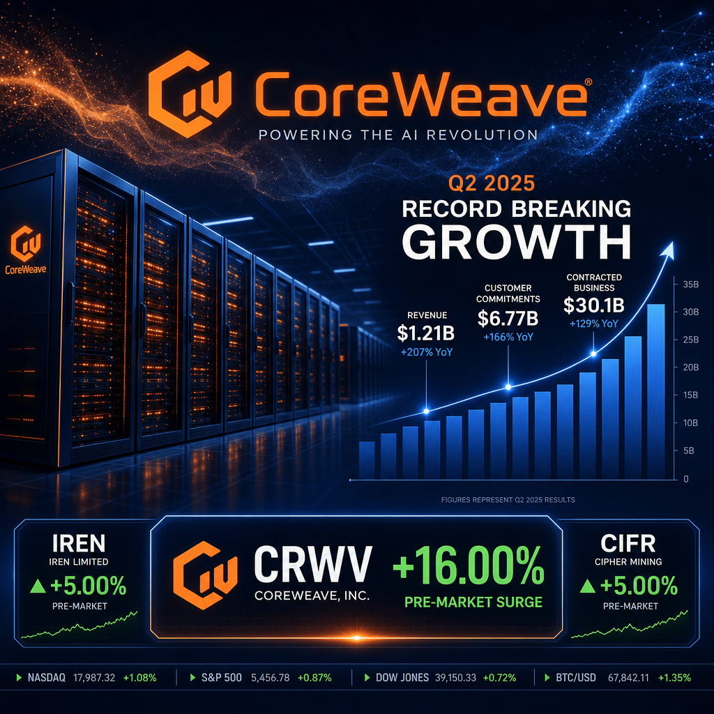 "Sleek, futuristic CoreWeave data center with glowing orange and midnight blue server racks signifying AI infrastructure. An upward trending dark blue bar graph overlays the scene, illustrating Q2 growth in revenue, customer commitments and contracted business. CoreWeave's company logo, enveloped by a digital mist, crowns the image. A stock market ticker at the bottom showcases a 16% pre-market surge for CoreWeave's stock, 'CRWV', accompanied by 5% gain for smaller tickers IREN and CIFR. A gradation from dark to midnight blue creates dramatic, eye-catching backdrop. Image dimensions are 1200 x 628 pixels."