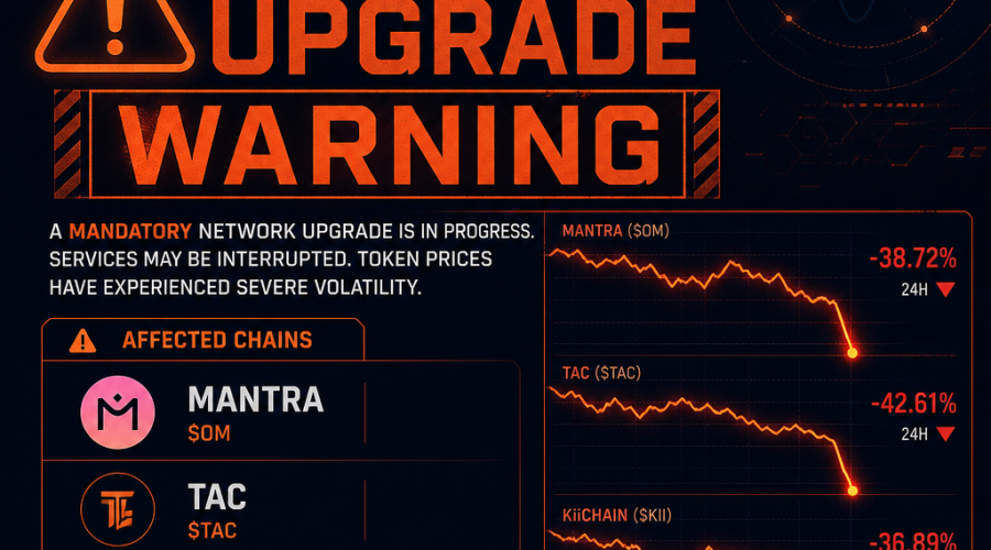 "Blockchain upgrade warning featuring Cosmos Labs logo and affected chains including MANTRA, TAC, and KiiChain, depicted with their respective icons against a dark blue background with orange accents. Cryptocurrency value crash represented by plummeting line graphs for heightened alert."