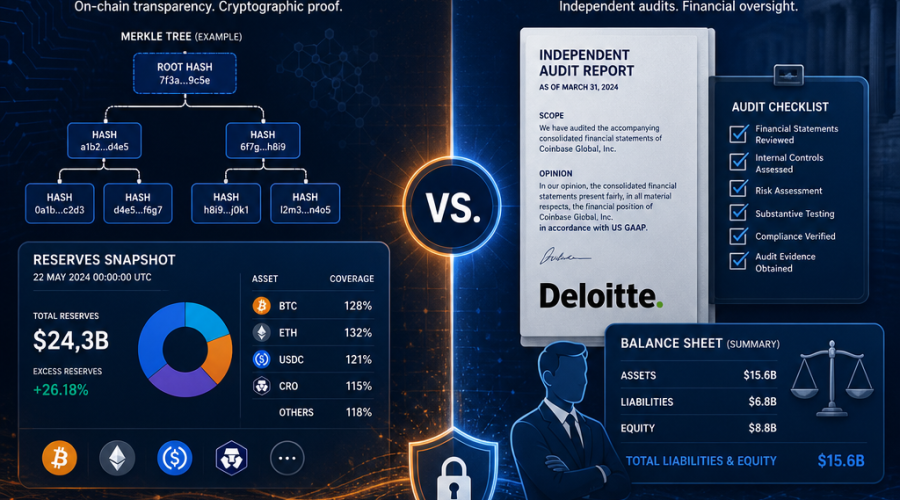 **SEO Alt-Text Suggestion for Your Blog Header Image:** "Modern professional blog header image contrasting Crypto.com's proof-of-reserves on the left—featuring blockchain icons, a Merkle tree graphic, digital asset symbols, and a dashboard snapshot—against Coinbase’s financial audits on the right with a detailed document, checklist, Deloitte logo, auditor figure, and balance sheet. The design uses the brand colors orange (#FF9811), dark blue (#000D43), and midnight blue (#021B88), divided centrally with abstract technology and security motifs for themes of transparency, oversight, and trust in cryptocurrency exchanges, presented in a clean, corporate style."