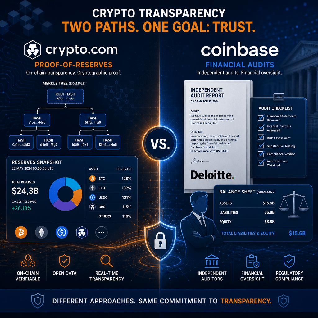 **SEO Alt-Text Suggestion for Your Blog Header Image:** "Modern professional blog header image contrasting Crypto.com's proof-of-reserves on the left—featuring blockchain icons, a Merkle tree graphic, digital asset symbols, and a dashboard snapshot—against Coinbase’s financial audits on the right with a detailed document, checklist, Deloitte logo, auditor figure, and balance sheet. The design uses the brand colors orange (#FF9811), dark blue (#000D43), and midnight blue (#021B88), divided centrally with abstract technology and security motifs for themes of transparency, oversight, and trust in cryptocurrency exchanges, presented in a clean, corporate style."