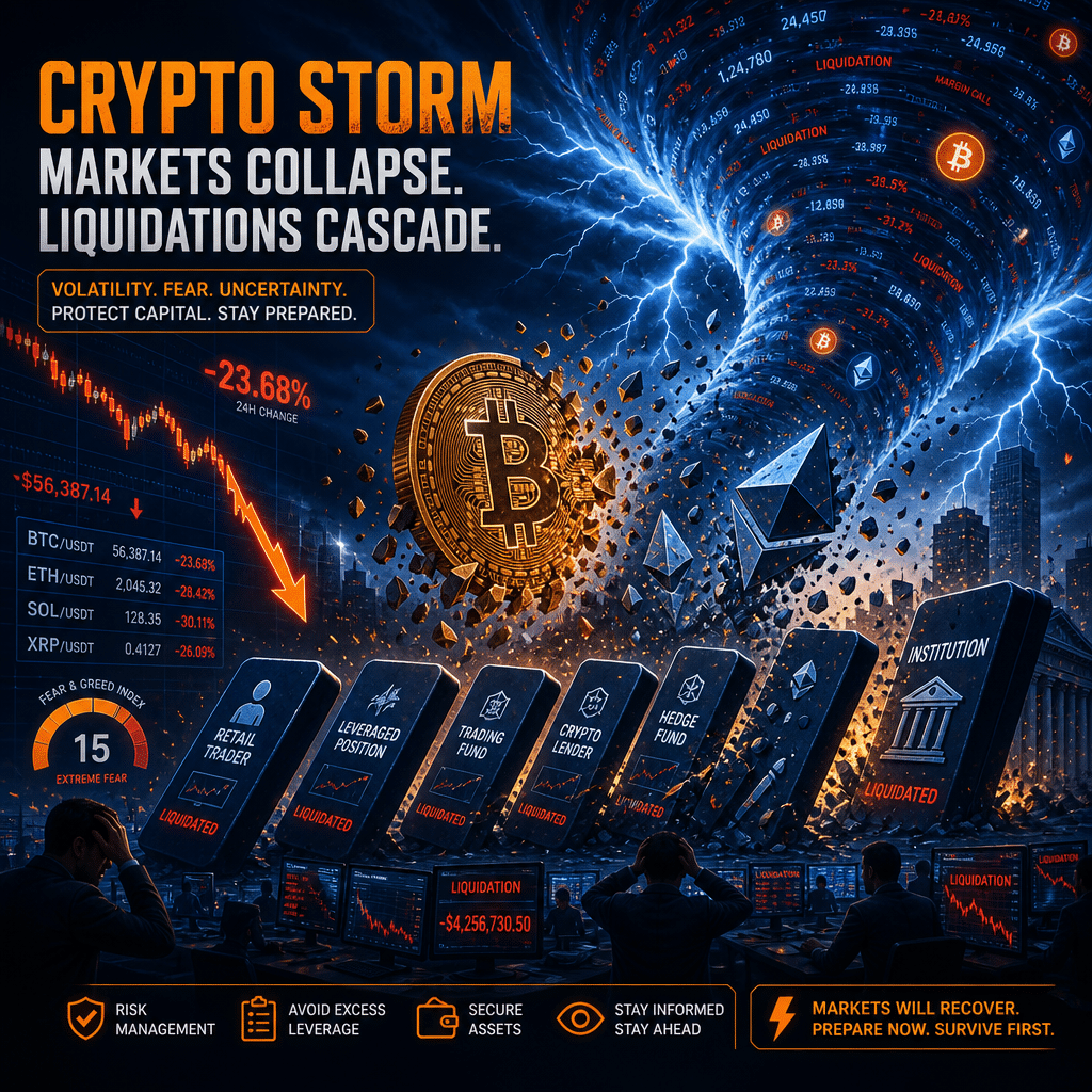 Certainly! Here’s an optimized SEO-friendly alt-text for your described image: **Alt-text:** "Dramatic digital artwork of a crypto market crash for a WordPress blog post, featuring a stylized landscape with plummeting trading charts, shattering Bitcoin and Ethereum symbols, cascading dominos representing liquidations, and swirling market data. The scene emphasizes volatility with flashing icons and numerical data, all designed with orange (#FF9811), dark blue (#000D43), and midnight blue (#021B88) brand colors in a modern fintech style." Let me know if you need a shorter version or a variant tailored to a specific key phrase!