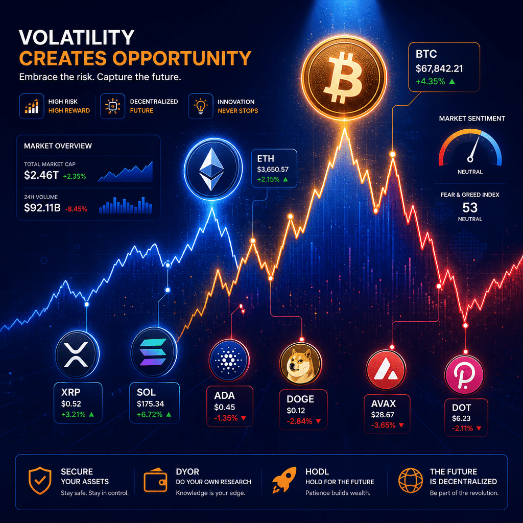 Alt-text: Modern digital illustration of a fluctuating cryptocurrency market graph with sharp peaks and valleys, set against a dark blue and midnight blue gradient. Bitcoin and Ethereum logos are prominently featured, with smaller XRP and Solana icons showing mixed performance. Orange accents (#FF9811) highlight gainers and innovation, while red tones indicate losses, capturing dynamic crypto market volatility in a tech-forward style, sized 1200 x 628 pixels.