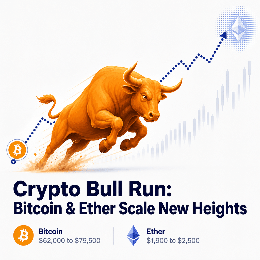 "Orange bull symbolizing bullish crypto market against a midnight blue rising dotted graph line showing escalation of Bitcoin and Ether prices; subtly indicating price range next to minimally illustrated Bitcoin and Ether logos, under the caption 'Crypto Bull Run: Bitcoin & Ether Scale New Heights' in Dark Blue. Professional, aesthetically pleasing image met brand's color scheme and ideal dimensions of 1200x628 px."