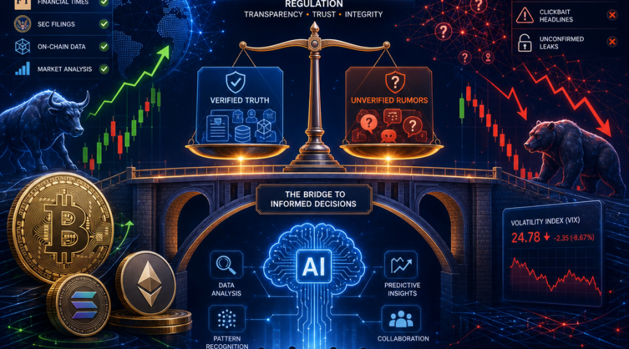 SEO Alt-Text: Contemporary illustration merging cryptocurrency coins, blockchain patterns, stock market charts, AI neural networks, and digital wallets, centered on a balance scale symbolizing the fusion of verified news versus rumors. Features bank architecture, glowing circuitry, government regulation icons, candlestick charts, red and green market arrows, and innovation motifs, all in a sleek, professional palette of orange, dark blue, and midnight blue to represent trust, transparency, and the evolution of finance and technology.