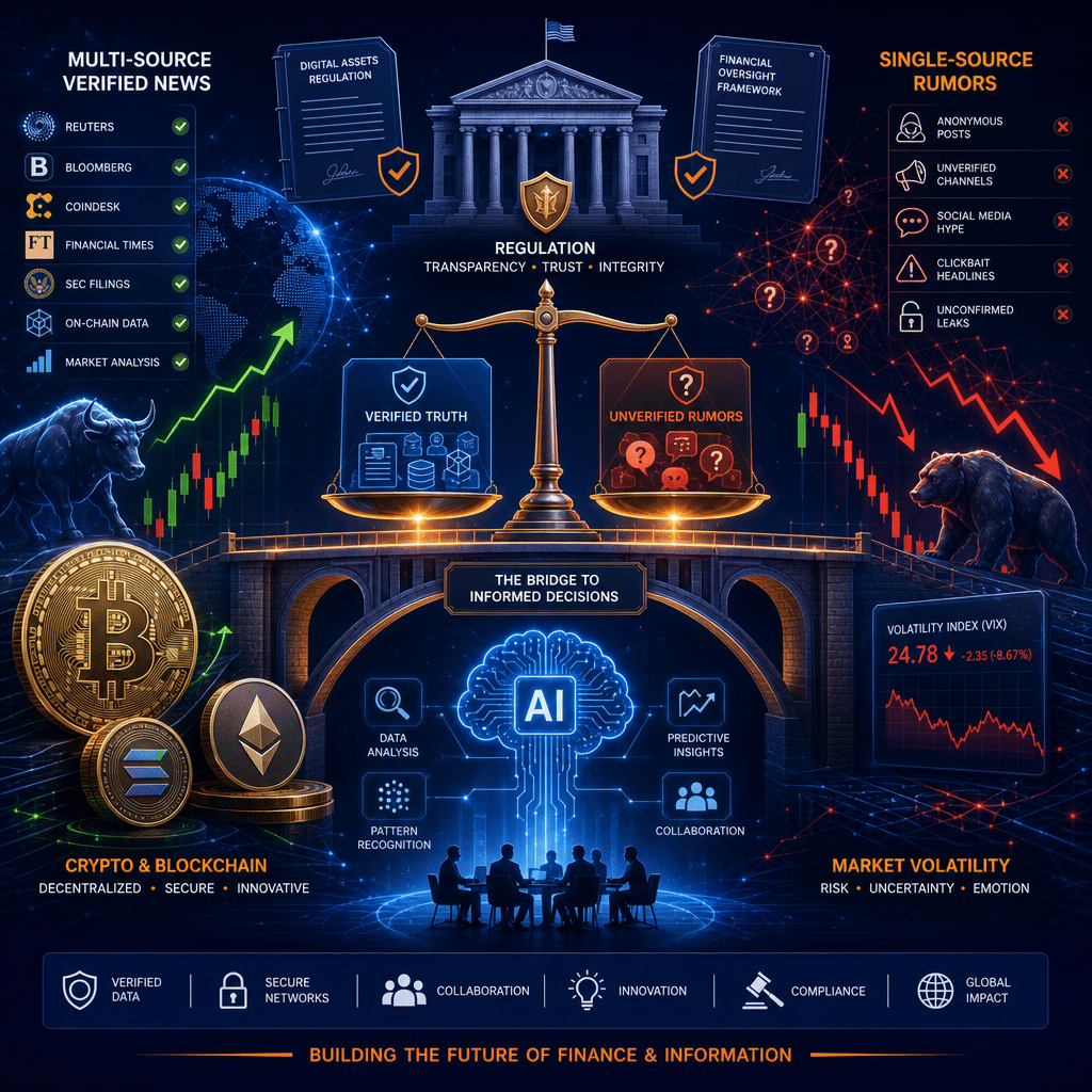 SEO Alt-Text: Contemporary illustration merging cryptocurrency coins, blockchain patterns, stock market charts, AI neural networks, and digital wallets, centered on a balance scale symbolizing the fusion of verified news versus rumors. Features bank architecture, glowing circuitry, government regulation icons, candlestick charts, red and green market arrows, and innovation motifs, all in a sleek, professional palette of orange, dark blue, and midnight blue to represent trust, transparency, and the evolution of finance and technology.