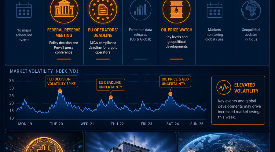 "SEO friendly image of a dark blue weekly calendar adorned with cryptic symbols symbolizing key financial events like the Federal Reserve meeting, EU operators' deadline, and fluctuating oil prices, complemented by a midnight blue line graph representing market volatility. The vital details are emphasized in bright orange. The design also includes separate illustrations of a Bitcoin, a central bank, and the globe, pertaining to cryptocurrency impact, economic policy, and geopolitical influence. Perfectly sized at 1200x628 pixels for a Wordpress blog post."