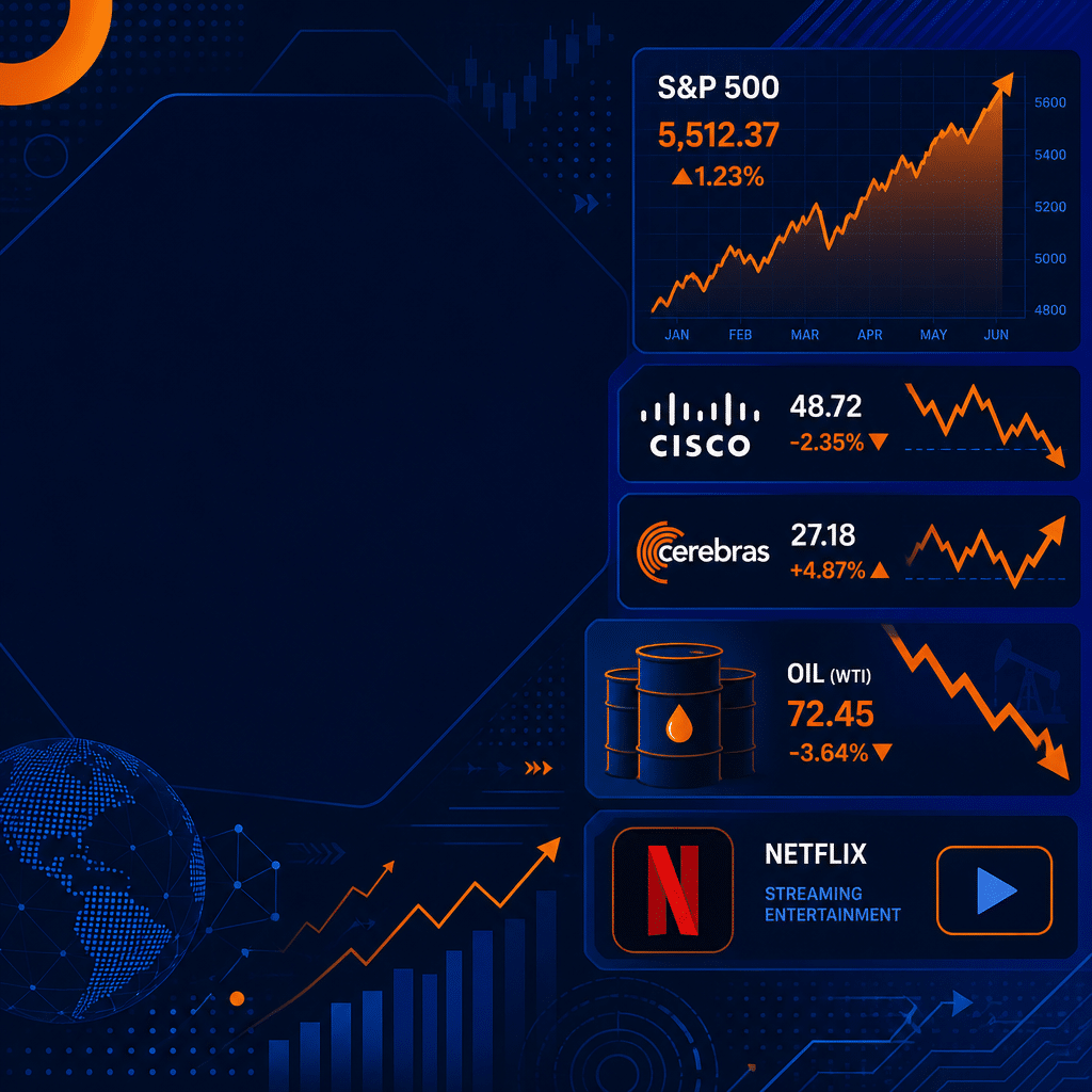 **SEO Alt-Text:** Flat modern illustration (1200 x 628 pixels) featuring stylized financial market icons in brand colors #FF9811 orange, #000D43 dark blue, and #021B88 midnight blue. Visual elements include a rising S&P 500 line graph, volatile stock tickers for Cisco and Cerebras with arrows, oil barrels with downward price arrows, and a streaming media icon for Netflix. Subtle abstract shapes suggest technology, finance, and market trends. Ample dark blue space for a headline makes it ideal as a visually engaging blog header image.