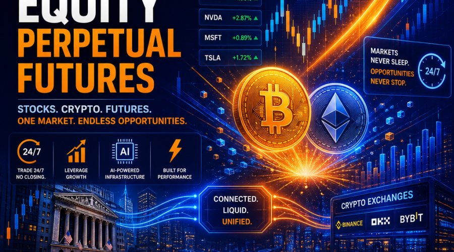**SEO Alt-text for Your Image:** Modern blog header illustrating explosive growth and innovation in equity perpetual futures; features glowing upward-trending digital charts, Bitcoin and Ethereum logos, traditional finance candlesticks, S&P 500 tickers, and microchip circuit patterns referencing AI and semiconductor stocks; vibrant orange #FF9811, deep blue #000D43, and midnight blue #021B88 dominate the sleek, futuristic design, evoking fast-paced 24/7 trading and the convergence of crypto and stock markets.