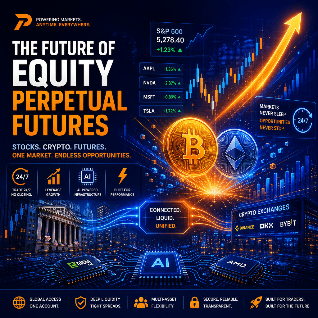 **SEO Alt-text for Your Image:** Modern blog header illustrating explosive growth and innovation in equity perpetual futures; features glowing upward-trending digital charts, Bitcoin and Ethereum logos, traditional finance candlesticks, S&P 500 tickers, and microchip circuit patterns referencing AI and semiconductor stocks; vibrant orange #FF9811, deep blue #000D43, and midnight blue #021B88 dominate the sleek, futuristic design, evoking fast-paced 24/7 trading and the convergence of crypto and stock markets.