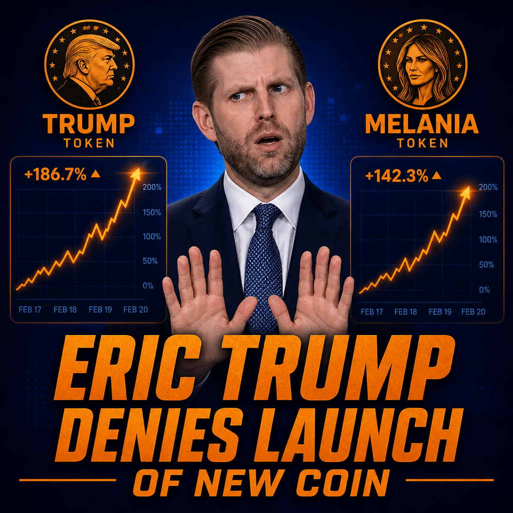 "Eric Trump expressing disbelief over the launch of new TRUMP and MELIANA tokens, surrounded by ascending graphs against a dark-to-midnight blue gradient background; the orange text overlay declares 'Eric Trump denies launch of new coin' - image size: 1200x628 pixels."