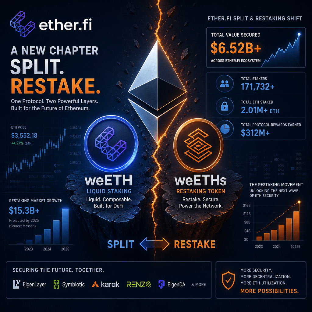 "SEO Alt-Text: Ether.Fi logo and Ethereum icon share a dividing element symbolizing a significant restaking shift in the crypto world. weETH and weETHs token symbols imply an emphasized split highlighted in Orange against a dominant Dark and Midnight Blue canvas. Background financial charts and figures underscore the magnitude and relevance of this crypto move. Image size 1200x628 pixels."
