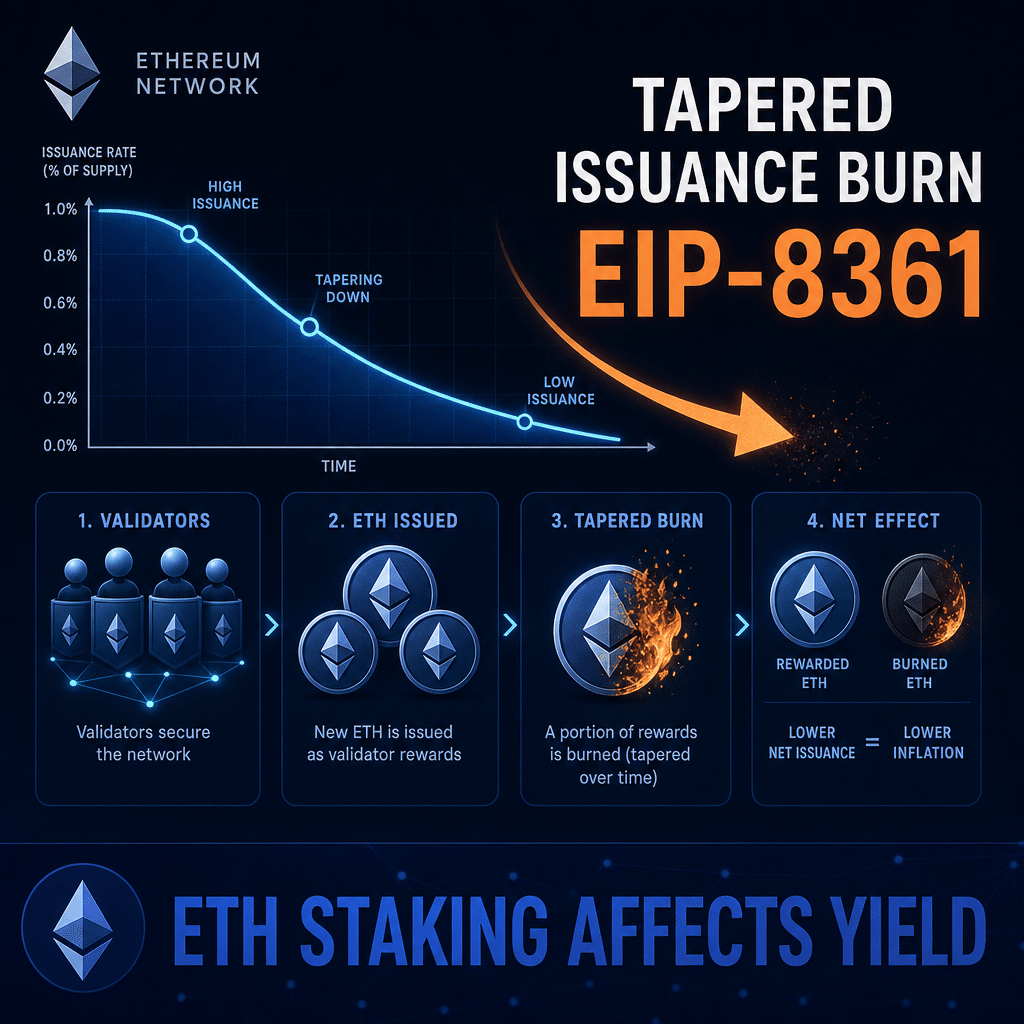"Dark blue Ethereum network chart demonstrating a decrease in ETH issuance with an orange downwards pointing arrow, showcasing 'Tapered Issuance Burn' and 'EIP-8361'. Displaying imagery of validators, ETH pieces and partially burnt ETH to depict the effect of validator rewards burn. Caption 'ETH Staking Affects Yield' in midnight blue."