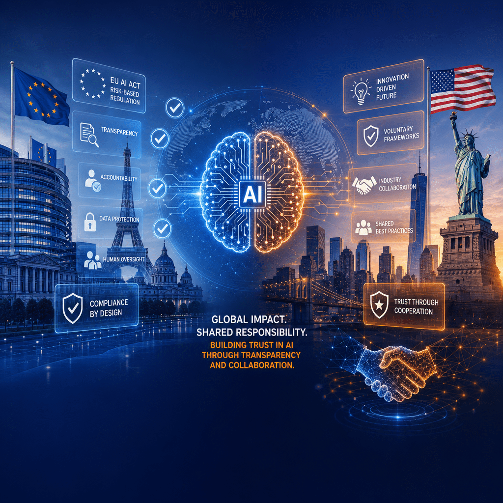 **SEO Alt-Text:** Modern WordPress blog header (1200x628px) featuring a split-scene visual of EU vs US AI regulation; left side shows European landmarks, digital icons, holographic transparency labels, and compliance checkmarks representing strict EU oversight in #FF9811 and #000D43 tones; right side displays an American cityscape with innovation-driven tech symbols, shield icons, and handshake motifs for US voluntary AI frameworks in #FF9811 and #021B88; central glowing AI brain/circuit bridges both sides, highlighting global urgency for AI compliance and transparency; sleek, contemporary design with gradient background and space for headline text.