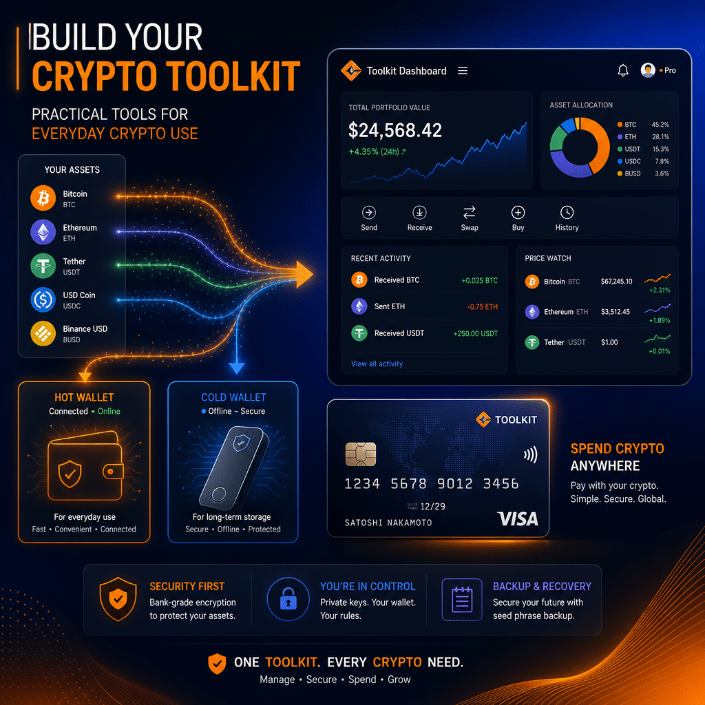 **SEO Alt-Text:** Modern digital illustration showing cryptocurrency icons (Bitcoin, Ethereum, stablecoins) flowing into hot and cold wallet graphics on a stylish dashboard interface, with a crypto payment card and security icons (shield, lock, seed phrase notepad). The image features background gradients and accents in brand orange (#FF9811), dark blue (#000D43), and midnight blue (#021B88) to emphasize trust, innovation, and fintech professionalism, visually representing a practical crypto toolkit for everyday use.