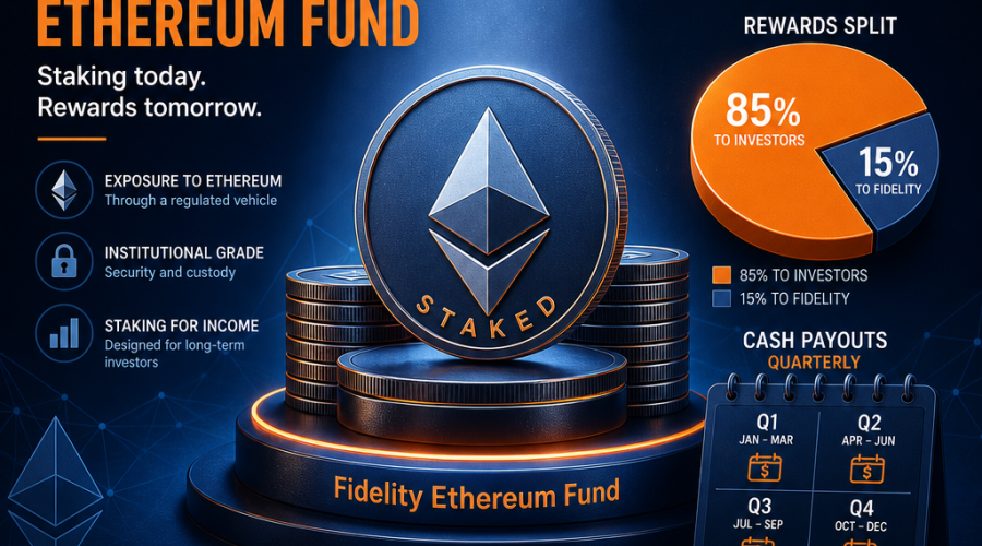 "Fidelity Ethereum Fund concept highlighted with Ether coins for staking, an 85%-15% rewards split pie chart, and a quarterly calendar for cash payouts. Also features Fidelity and IRS logos. Dominant colors are Midnight blue, Dark Blue, and vibrant Orange. Ideal size of 1200x628px."