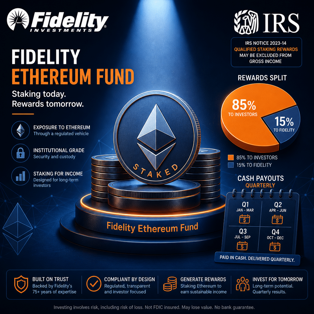 "Fidelity Ethereum Fund concept highlighted with Ether coins for staking, an 85%-15% rewards split pie chart, and a quarterly calendar for cash payouts. Also features Fidelity and IRS logos. Dominant colors are Midnight blue, Dark Blue, and vibrant Orange. Ideal size of 1200x628px."
