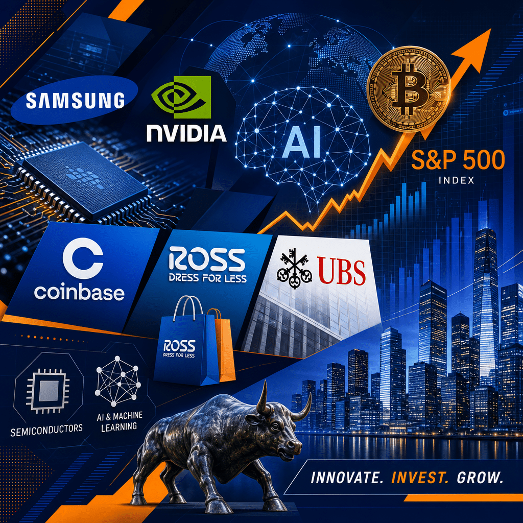 **SEO Alt-Text:** Modern collage illustrating global finance and technology innovation, featuring conceptual icons for Samsung, Nvidia, Coinbase, Ross Stores, and UBS, with semiconductor chips, AI neural networks, Bitcoin symbol, retail shopping bags, rising market graphs, and an S&P 500 line, unified by bold orange, dark blue, and midnight blue geometric accents, designed for a 1200x628 pixel WordPress blog image highlighting corporate impact and financial momentum.