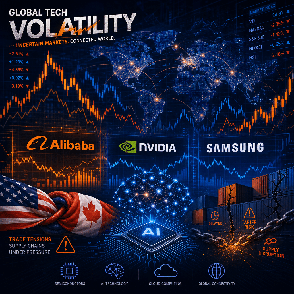 Certainly! Here is a strong SEO-focused alt-text for your described image: **SEO Alt-Text:** "Abstract 1200x628 image illustrating global tech market volatility, featuring stylized icons of Alibaba, Nvidia, and Samsung alongside fluctuating stock charts and digital global connections, with motifs of AI technology such as neural networks and microchips. Subtle elements show trade tension with intertwined US and Canadian flags and strained supply chains. Main palette uses #FF9811 orange, #000D43 dark blue, and #021B88 midnight blue for a modern, professional design." Let me know if you'd like it further tailored!