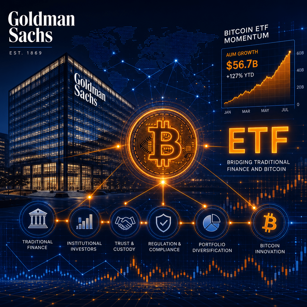 SEO-FRIENDLY ALT-TEXT: Modern digital illustration of Goldman Sachs headquarters merging with glowing Bitcoin icons and ETF graph overlays, connected by luminous financial network lines in bold orange (#FF9811), deep dark blue (#000D43), and midnight blue (#021B88); symbolizes the fusion of traditional banking and cryptocurrency innovation, with a sleek, professional style ideal for a financial news blog.