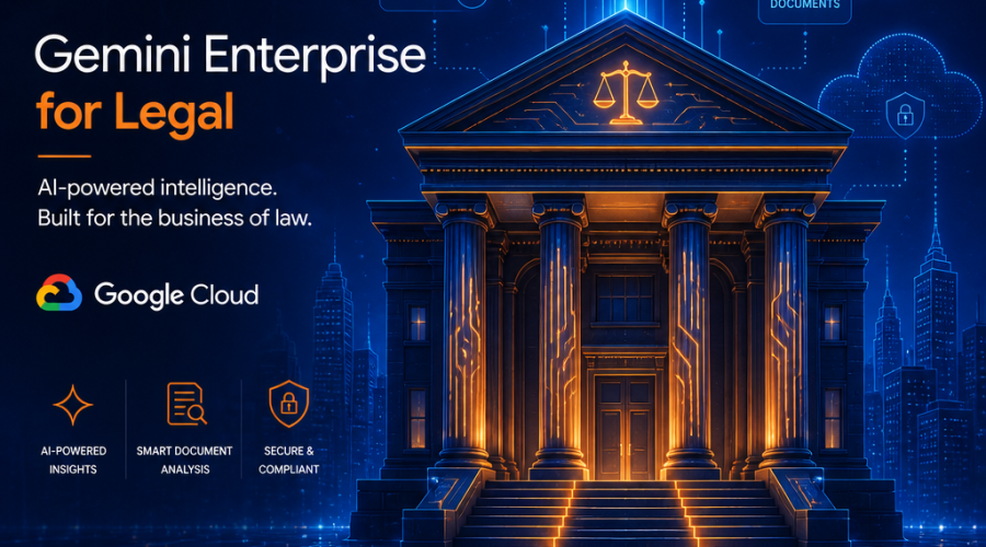 SEO Alt-Text: Futuristic digital illustration of an AI-inspired courthouse with glowing circuit patterns in orange (#FF9811), dark blue (#000D43), and midnight blue (#021B88), featuring subtle silhouettes of legal documents and cloud symbols, symbolizing Google Cloud’s Gemini Enterprise integration in the legal industry. Clean, modern style, ideal for technology-focused legal content, 1200x628 pixels.