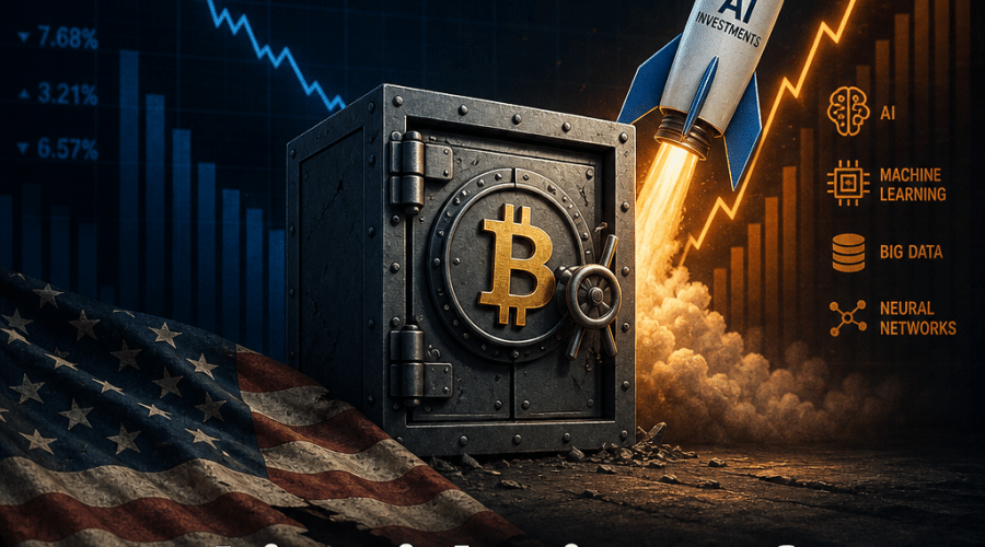 "Graphite-colored secure financial vault with golden Bitcoin symbol symbolizing Hashdex's liquidation, alongside a brand-colored rocket signifying soaring AI investments, on a backdrop of contrasting market graphs in midnight blue and vivid orange. A faded US flag in the foreground represents the closure of a US Bitcoin ETF. Caption 'Liquidation of Hashdex's Bitcoin ETF' in bold white font emphasizes the central theme."