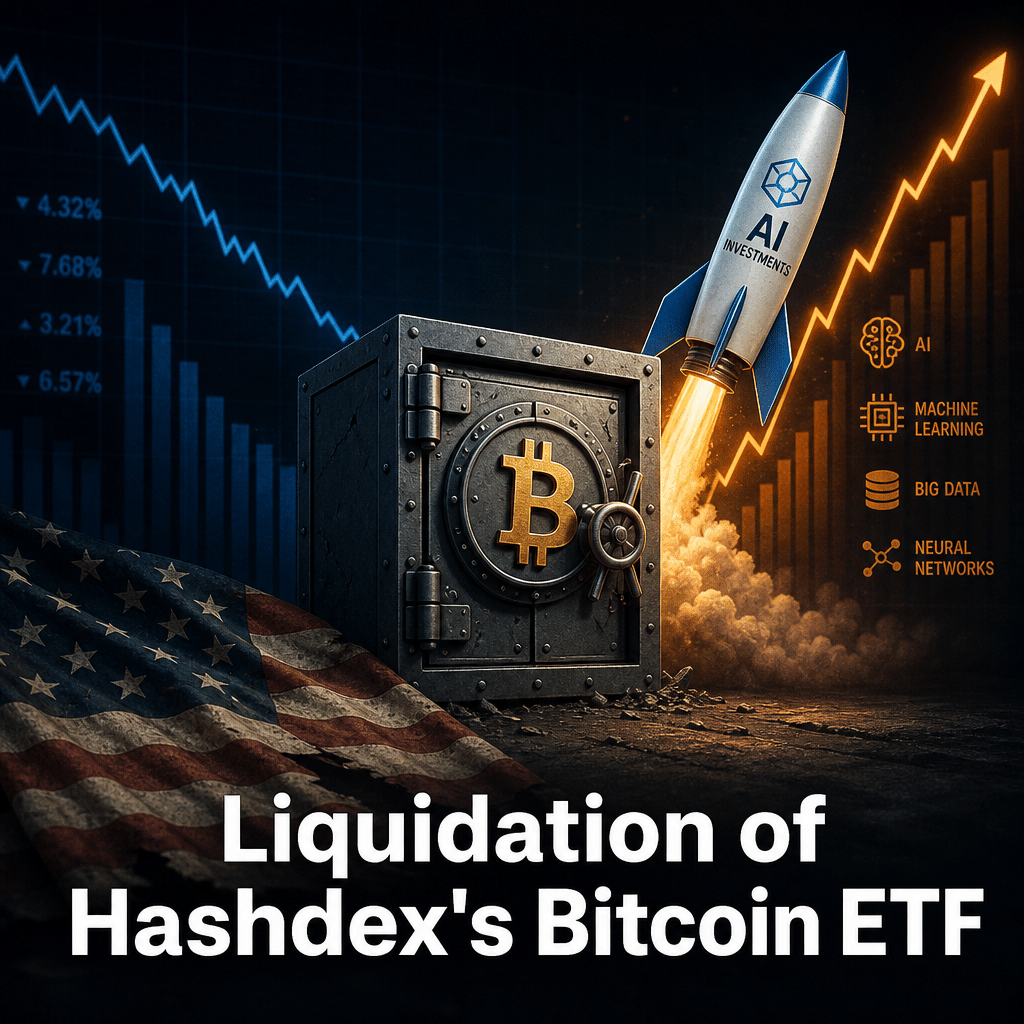"Graphite-colored secure financial vault with golden Bitcoin symbol symbolizing Hashdex's liquidation, alongside a brand-colored rocket signifying soaring AI investments, on a backdrop of contrasting market graphs in midnight blue and vivid orange. A faded US flag in the foreground represents the closure of a US Bitcoin ETF. Caption 'Liquidation of Hashdex's Bitcoin ETF' in bold white font emphasizes the central theme."
