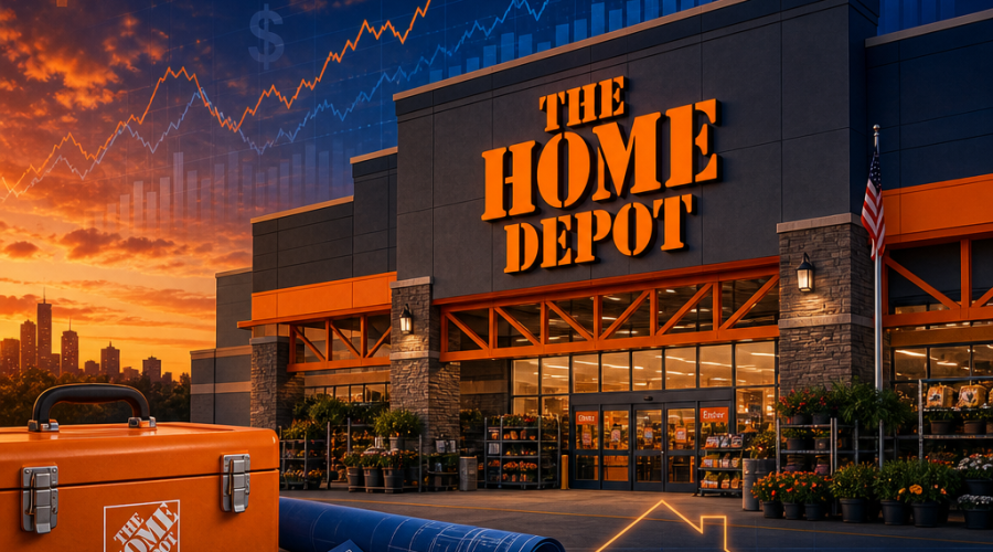 **SEO Alt-Text:** Confident, modern Home Depot storefront with orange signage and logo, overlaid by transparent line charts and dollar symbols illustrating earnings and growth trends. Background blends Home Depot orange (#FF9811), dark blue (#000D43), and midnight blue (#021B88), featuring subtle icons including a toolbox, blueprint, and home symbol to represent resilience and the home improvement market, creating a balanced visual of challenge and opportunity in business performance. --- *Let me know if you'd like me to adjust this alt-text for a different emphasis or keyword focus!*