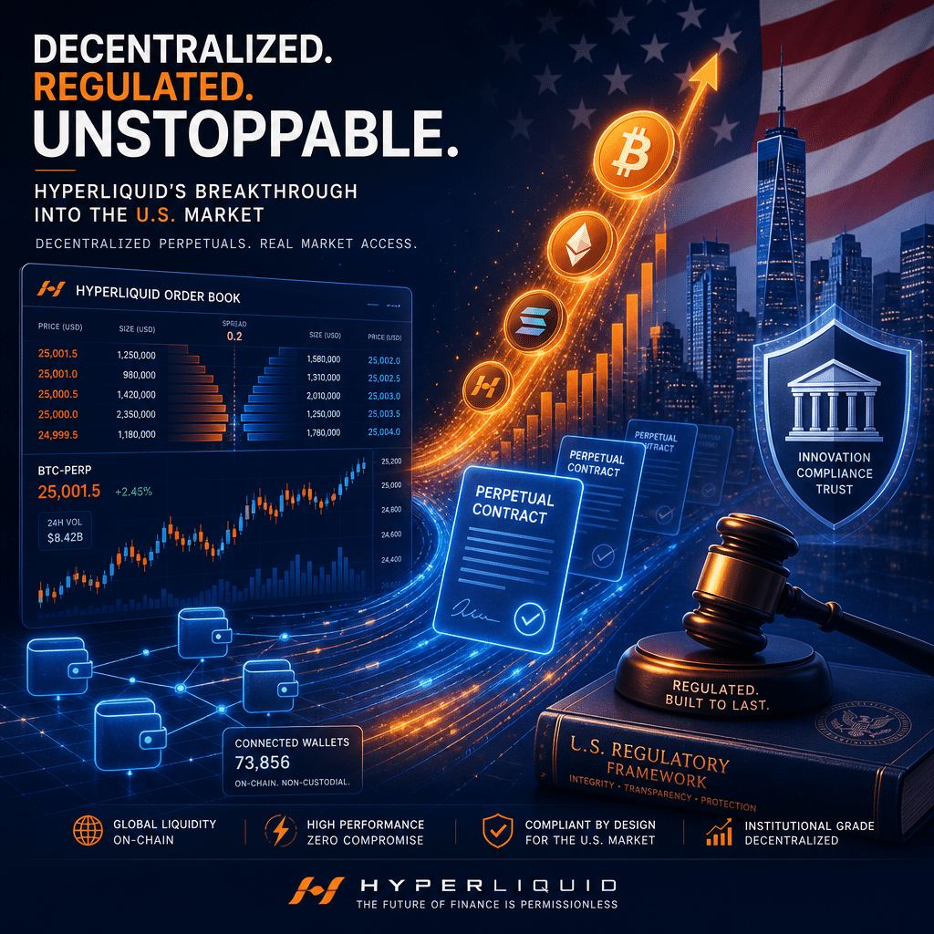 **SEO Alt-Text:** Modern blog header image illustrating the breakthrough of decentralized crypto derivatives—featuring Hyperliquid’s blockchain order book with connected wallet icons, perpetual trading charts, and flowing digital contracts—seamlessly blending into a U.S. flag backdrop overlaid with futuristic financial district silhouettes. Subtle coins and token icons rise to signify price momentum, while regulatory motifs like a gavel and shield represent innovation under regulation. The professional, digital-first design highlights Hyperliquid’s brand colors: orange (#FF9811), dark blue (#000D43), and midnight blue (#021B88), reflecting DeFi fintech leadership in the regulated U.S. market.