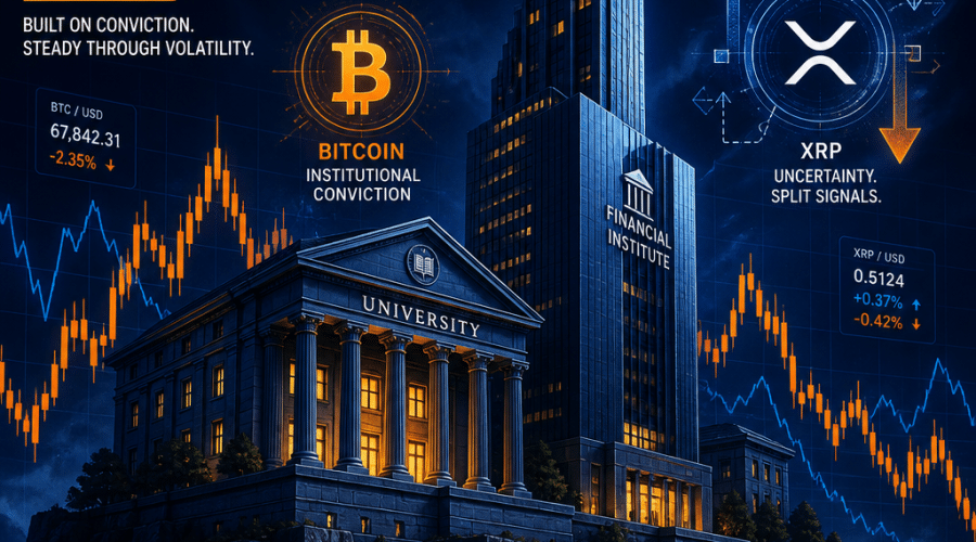 **SEO Alt-Text:** Modern digital illustration, 1200x628px, depicting stylized university and financial skyscraper buildings rendered in orange (#FF9811), dark blue (#000D43), and midnight blue (#021B88), standing resilient on a fluctuating crypto price chart. Subtle Bitcoin and XRP icons overlay the scene—Bitcoin representing institutional confidence, and XRP encircled by technical arrows facing opposite directions to convey uncertainty. The professional, authoritative image visually captures institutional strength and stability amid volatile cryptocurrency markets and split technical signals, ideal for a financial blog header.