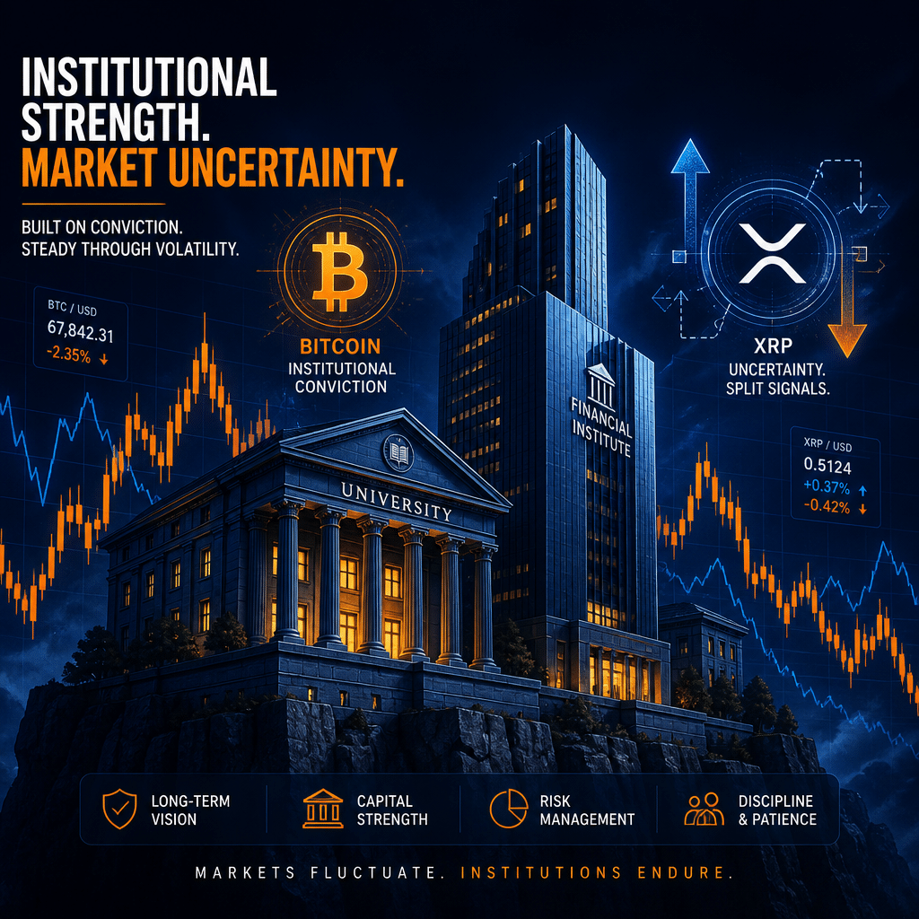**SEO Alt-Text:** Modern digital illustration, 1200x628px, depicting stylized university and financial skyscraper buildings rendered in orange (#FF9811), dark blue (#000D43), and midnight blue (#021B88), standing resilient on a fluctuating crypto price chart. Subtle Bitcoin and XRP icons overlay the scene—Bitcoin representing institutional confidence, and XRP encircled by technical arrows facing opposite directions to convey uncertainty. The professional, authoritative image visually captures institutional strength and stability amid volatile cryptocurrency markets and split technical signals, ideal for a financial blog header.