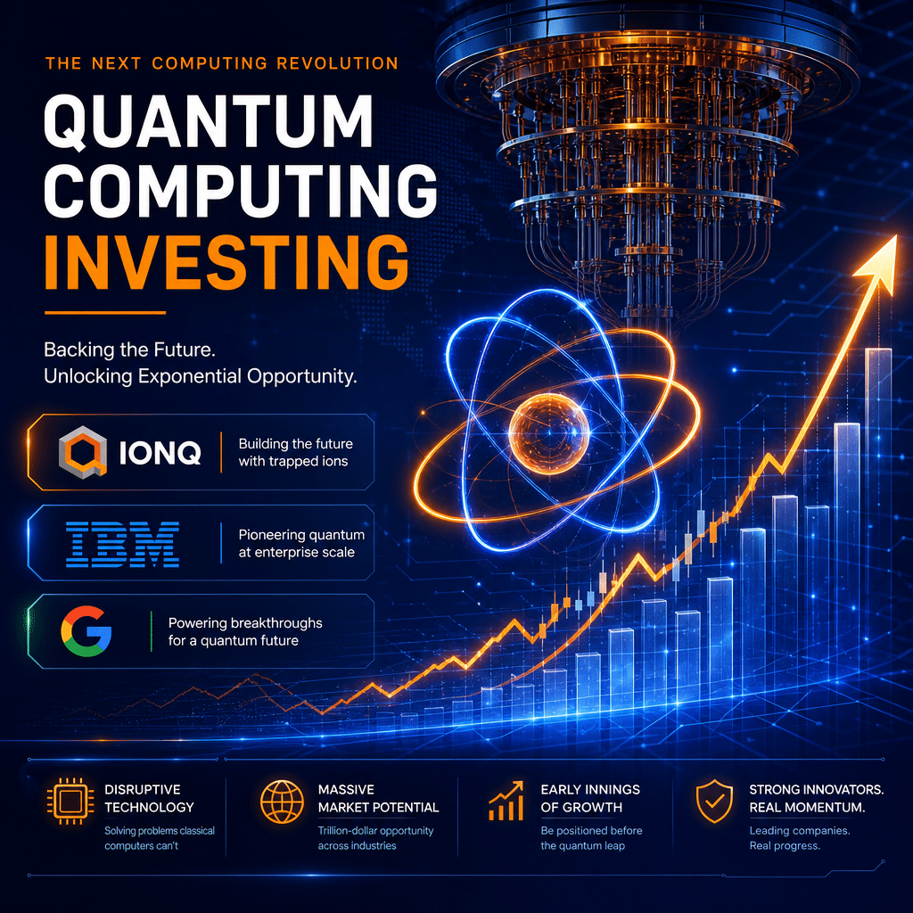 **SEO Alt-Text:** Futuristic header image for a tech investment blog article on quantum computing, featuring sleek, glowing representations of quantum computers with intertwined qubits and abstract circuit lines. Arrow and stock chart overlays symbolize financial growth, while color-coded minimalist logos and accents reference IonQ, IBM, and Alphabet/Google. The design uses blue-dark blue gradients (#000D43, #021B88) and vibrant orange (#FF9811) highlights, evoking innovation, opportunity, and cutting-edge technology, sized 1200 x 628 pixels.