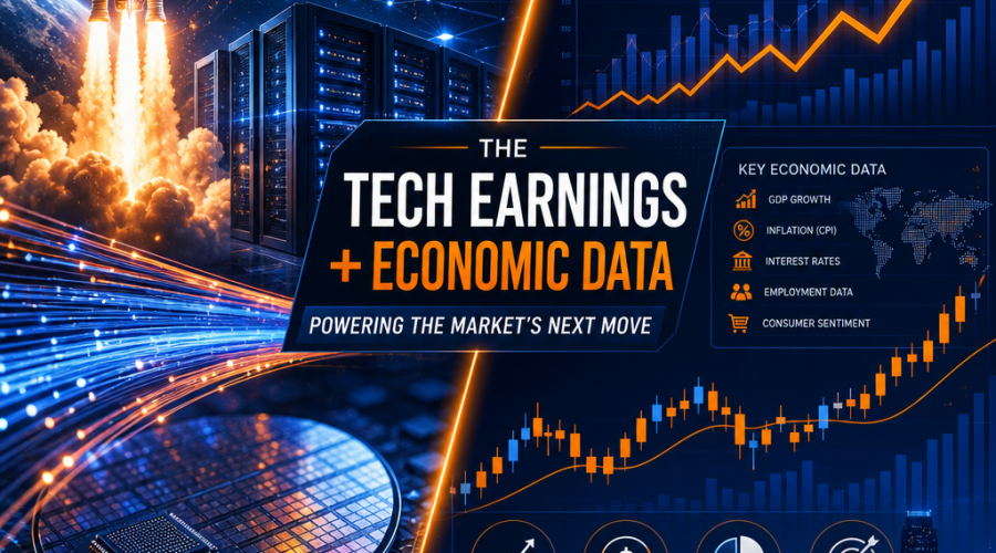 **Great SEO Alt-Text:** Modern tech-finance blog header image showing a split screen in #FF9811 orange and blue tones. Left side blends abstract graphics of rocket launches, AI cloud icons, server racks, optical fiber strands, and semiconductor wafers illustrating key technology sectors. Right side features rising stylized charts and economic data, symbolizing market movement and anticipation. Crisp lines, bold accents, and a professional, futuristic style communicate the convergence of major tech earnings reports and key economic data for a financial news website.
