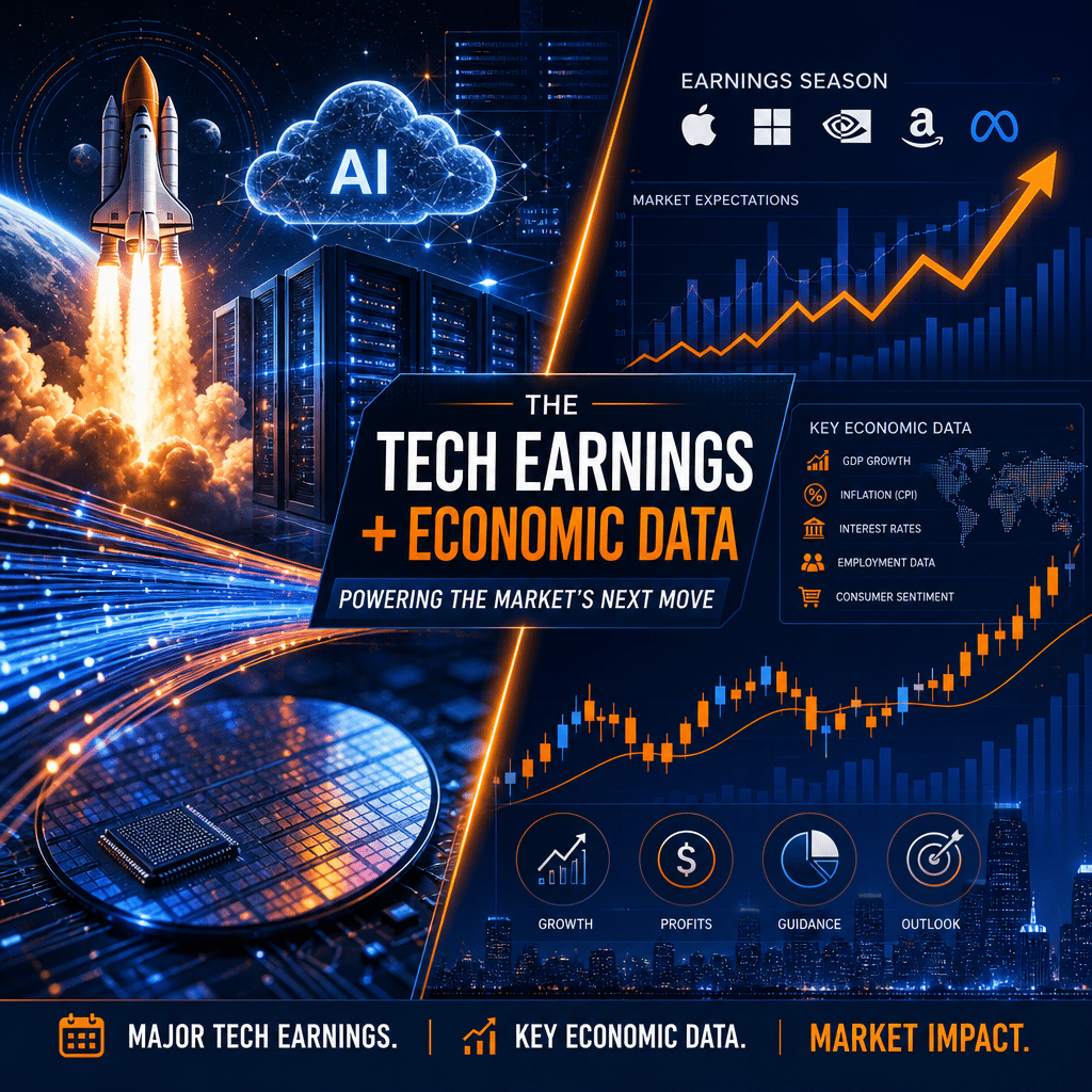 **Great SEO Alt-Text:** Modern tech-finance blog header image showing a split screen in #FF9811 orange and blue tones. Left side blends abstract graphics of rocket launches, AI cloud icons, server racks, optical fiber strands, and semiconductor wafers illustrating key technology sectors. Right side features rising stylized charts and economic data, symbolizing market movement and anticipation. Crisp lines, bold accents, and a professional, futuristic style communicate the convergence of major tech earnings reports and key economic data for a financial news website.