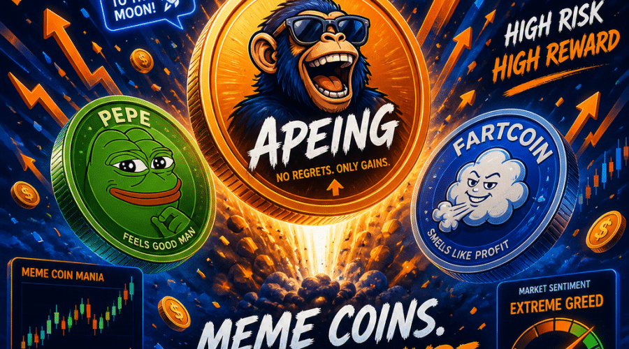 Certainly! Here is a **great SEO alt-text** for your described image: **Alt-text:** "Modern 1200x628px blog banner illustrating the explosive world of meme coins, featuring colorful coins labeled Fartcoin, PEPE with a vibrant frog design, and a bold Apeing coin at the center. Dynamic upward arrows, confetti, trending hashtags, social media icons, whale graphics, and animated trading charts depict market hype, excitement, and high volatility. The energetic composition uses a bold orange, dark blue, and midnight blue color palette, reflecting high-risk, high-reward meme coin speculation and a cutting-edge crypto trend atmosphere."
