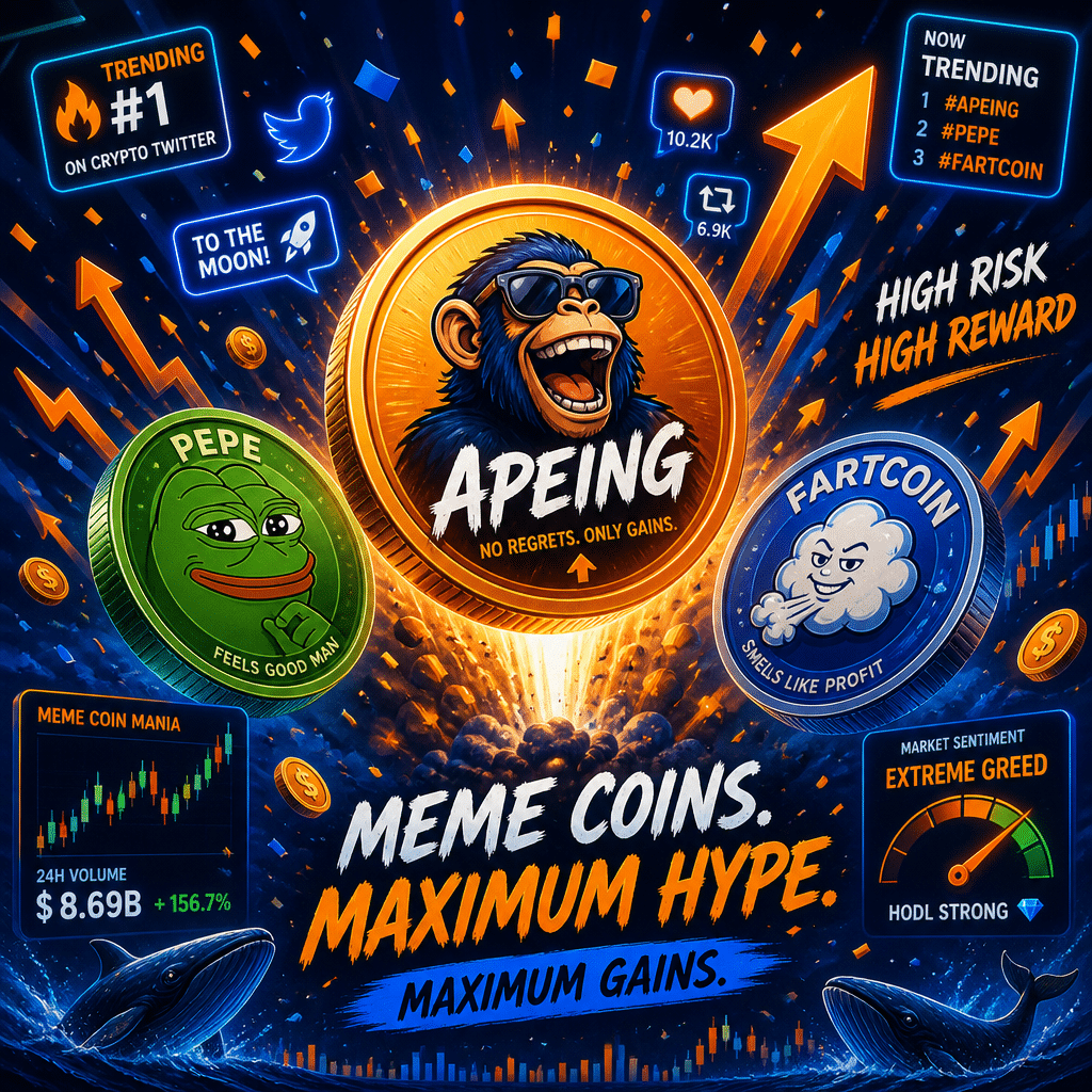 Certainly! Here is a **great SEO alt-text** for your described image: **Alt-text:** "Modern 1200x628px blog banner illustrating the explosive world of meme coins, featuring colorful coins labeled Fartcoin, PEPE with a vibrant frog design, and a bold Apeing coin at the center. Dynamic upward arrows, confetti, trending hashtags, social media icons, whale graphics, and animated trading charts depict market hype, excitement, and high volatility. The energetic composition uses a bold orange, dark blue, and midnight blue color palette, reflecting high-risk, high-reward meme coin speculation and a cutting-edge crypto trend atmosphere."