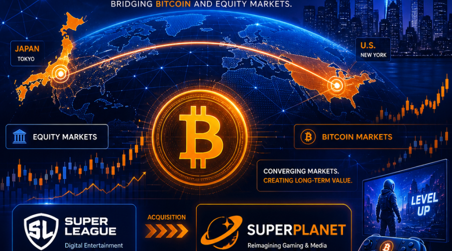**SEO Alt-Text for Your Image:** Modern digital illustration for Metaplanet’s U.S. expansion and Super League (Superplanet) acquisition, featuring a stylized globe with connecting lines between Japan and the U.S., integrating a prominent Bitcoin symbol, stock market chart motifs, and subtle gaming/media icons like a controller. Artwork uses Metaplanet’s brand colors (Orange #FF9811, Dark Blue #000D43, Midnight Blue #021B88) for a sleek, professional tech and finance look, representing the convergence of Bitcoin with traditional equity markets.