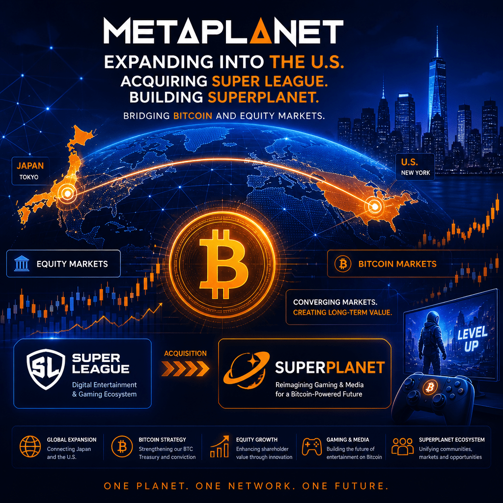 **SEO Alt-Text for Your Image:** Modern digital illustration for Metaplanet’s U.S. expansion and Super League (Superplanet) acquisition, featuring a stylized globe with connecting lines between Japan and the U.S., integrating a prominent Bitcoin symbol, stock market chart motifs, and subtle gaming/media icons like a controller. Artwork uses Metaplanet’s brand colors (Orange #FF9811, Dark Blue #000D43, Midnight Blue #021B88) for a sleek, professional tech and finance look, representing the convergence of Bitcoin with traditional equity markets.