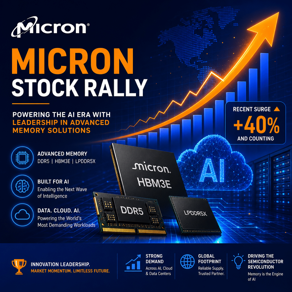 **SEO-Friendly Alt-Text:** Sleek modern blog cover image representing Micron Technology’s recent stock rally and leadership in advanced memory chips, featuring Micron’s logo, dynamic financial growth charts, memory chip icons, AI and data cloud motifs, and a bold upward arrow symbolizing the stock surge; all designed in Micron’s brand colors—orange (#FF9811), dark blue (#000D43), and midnight blue (#021B88)—conveying technology innovation, market optimism, and Micron’s strategic role in the AI and semiconductor revolution.