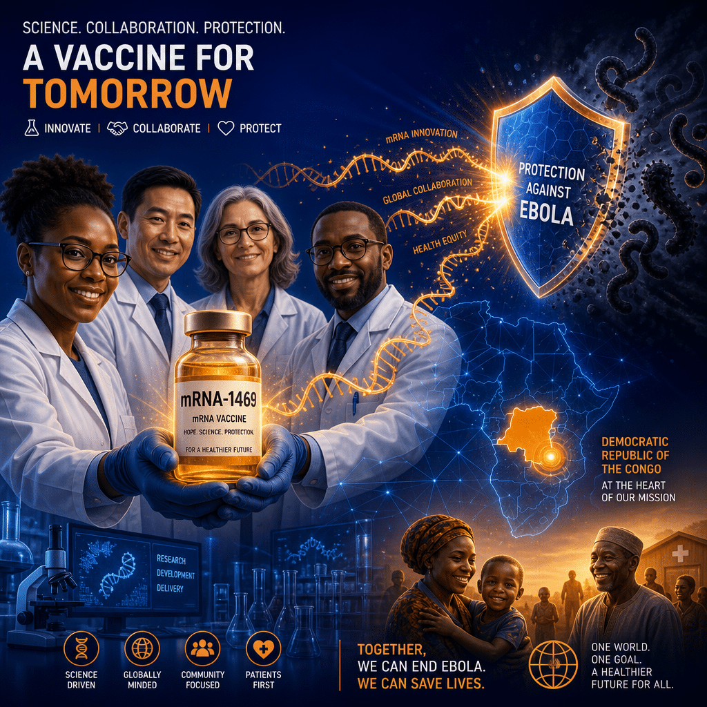 SEO alt-text: "Diverse team of scientists in modern lab coats holding a golden mRNA vaccine vial labeled 'mRNA-1469', with dynamic mRNA strands spiraling toward a protective shield blocking shadowy Ebola virus particles. Subtle map of Africa highlights the Democratic Republic of the Congo amidst a dark blue and midnight blue gradient background, accented with orange to symbolize innovation, hope, vaccine development, and global health collaboration against Ebola."