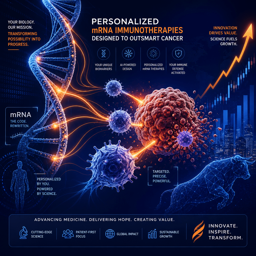 **SEO-Optimized Alt Text:** Sleek, modern biotechnology illustration featuring a stylized DNA double helix and immune cells attacking a tumor, with dynamic orange #FF9811 energy lines connecting DNA to cancer cells, set against a sophisticated dark blue and midnight blue gradient (#000D43, #021B88) background. Subtle digital elements symbolize mRNA and personalized medicine, while abstract medical progress and upward stock market arrows represent innovation, hope, and financial growth. Brand colors are bold and prominent throughout this 1200 x 628 px image.