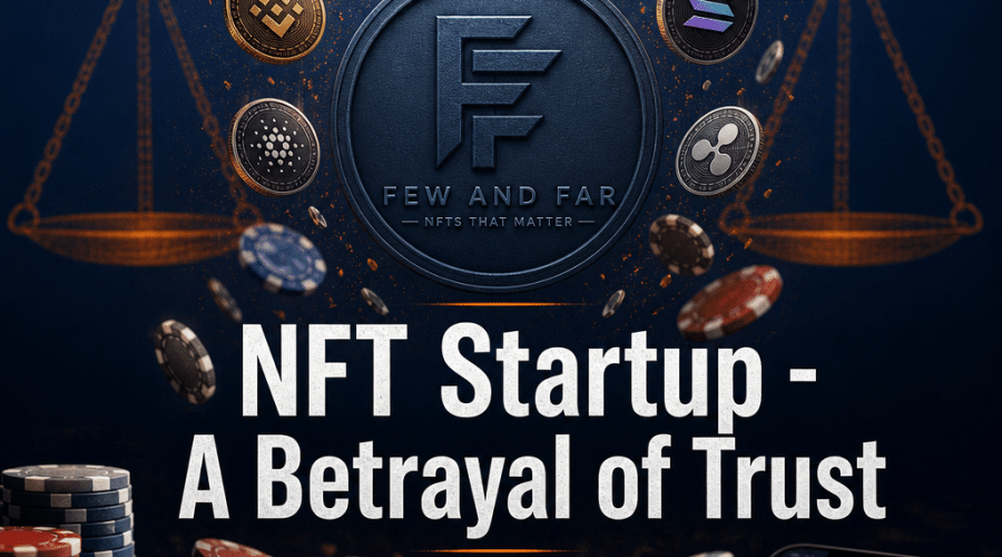 "Crowdfunding campaign graphic for NFT startup Few and Far featuring company logo, orange Justice scales icon hinting at founders' fraud charges, falling crypto coins transitioning into poker chips representing misuse of funds for online gambling and cryptocurrency speculation. Text overlay says 'NFT Startup - A Betrayal of Trust' in bold, white font on a background fading from dark blue to midnight blue. Image size is 1200 x 628 pixels."