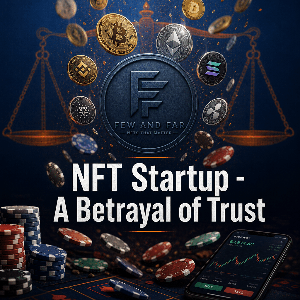 "Crowdfunding campaign graphic for NFT startup Few and Far featuring company logo, orange Justice scales icon hinting at founders' fraud charges, falling crypto coins transitioning into poker chips representing misuse of funds for online gambling and cryptocurrency speculation. Text overlay says 'NFT Startup - A Betrayal of Trust' in bold, white font on a background fading from dark blue to midnight blue. Image size is 1200 x 628 pixels."