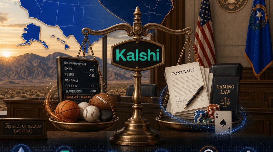 "Image of a Nevada courtroom scene with the Kalshi logo displayed on a justice scale; background displays the stark Nevada desert. Interplay of U.S 3rd and 9th Circuit appeals courts' boundaries in shades of blue (#021B88 and #000D43) are visible. Subtle orange highlights (#FF9811) help to draw attention to symbolic representations of sports events, contract papers, and a gaming logo insinuating the relevance of gaming laws. The justice scale acts as center of these interactions. At the bottom of the image, a faintly visible binary code pattern suggests crypto derivatives, integrating a collection of 12 small altcoin symbols."