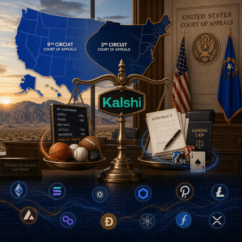 "Image of a Nevada courtroom scene with the Kalshi logo displayed on a justice scale; background displays the stark Nevada desert. Interplay of U.S 3rd and 9th Circuit appeals courts' boundaries in shades of blue (#021B88 and #000D43) are visible. Subtle orange highlights (#FF9811) help to draw attention to symbolic representations of sports events, contract papers, and a gaming logo insinuating the relevance of gaming laws. The justice scale acts as center of these interactions. At the bottom of the image, a faintly visible binary code pattern suggests crypto derivatives, integrating a collection of 12 small altcoin symbols."