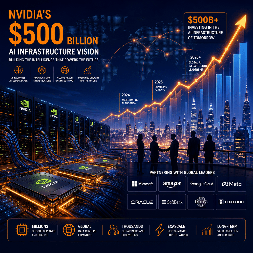 **SEO Alt-text:** Futuristic digital illustration of an AI data center with glowing GPU chips and network cables, set against a vibrant cityscape symbolizing global investment and technological growth. Dynamic upward financial graph lines and silhouettes of institutional partners highlight ambitious AI infrastructure expansion. Image uses a bold color palette of orange, dark blue, and midnight blue with Nvidia green accents, representing Nvidia’s $500 billion vision in AI technology and finance. Size: 1200 x 628 pixels.