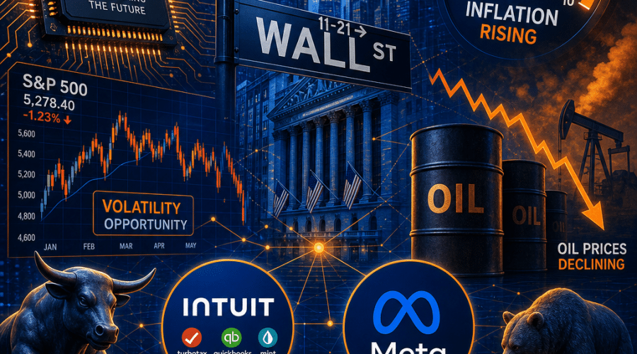 Alt-text (SEO optimized): Modern abstract illustration depicting the interconnectedness of Wall Street, featuring stylized Nvidia AI chips, volatile stock market charts, a digital inflation gauge trending upward, oil barrels with a downward price arrow, and icons for Intuit and Meta. The artwork uses a sophisticated color palette of vibrant orange (#FF9811), dark blue (#000D43), and midnight blue (#021B88), symbolizing tension and opportunity in today's financial markets. Sized 1200x628 pixels, ideal for a Wordpress finance blog post.
